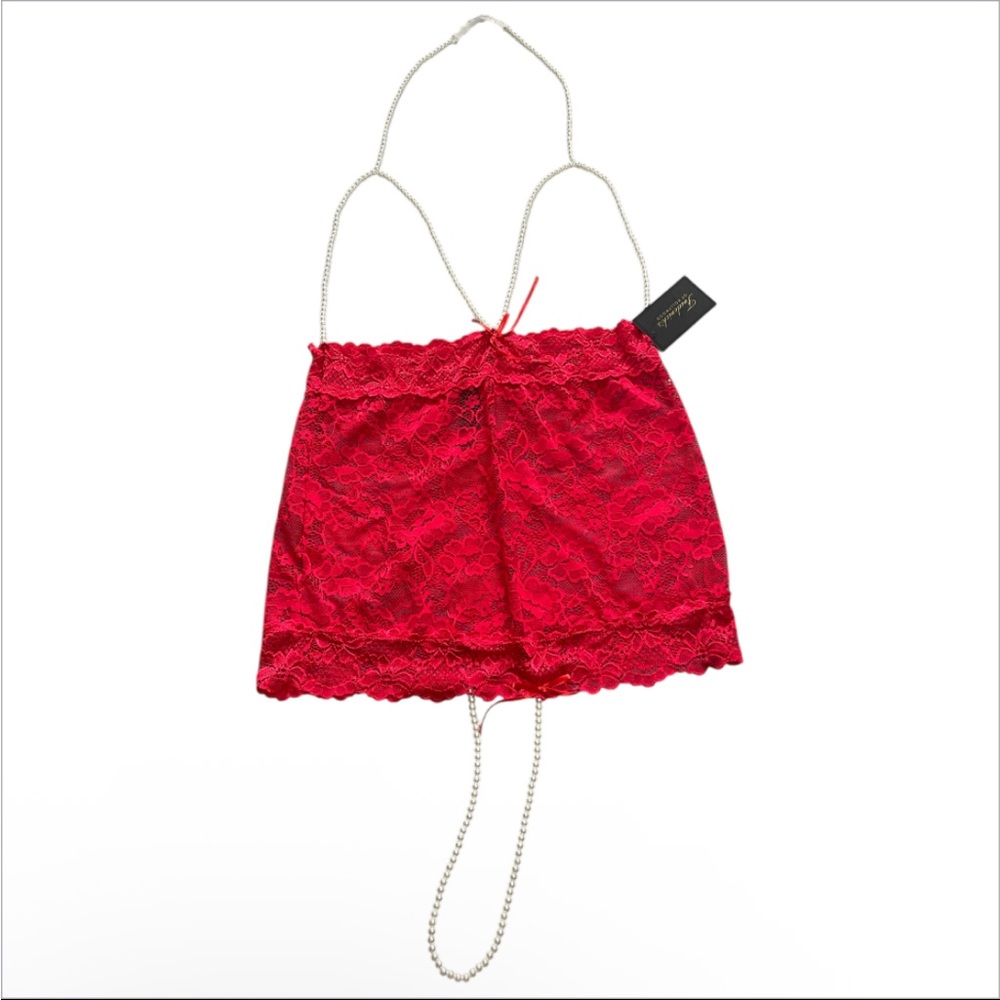 Frederick's of Hollywood Tatiana Red Open Cup Lace and Pearl Lingerie Chemise